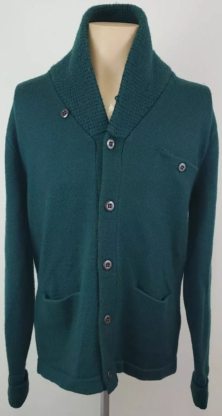 Wallace & Barnes Mens Chunky Knit Wool Green Cardigan Sweater Size Medium